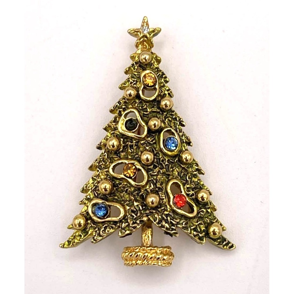 ART Signed Gold Tone Christmas Tree Brooch Rhinestone Holiday Pin